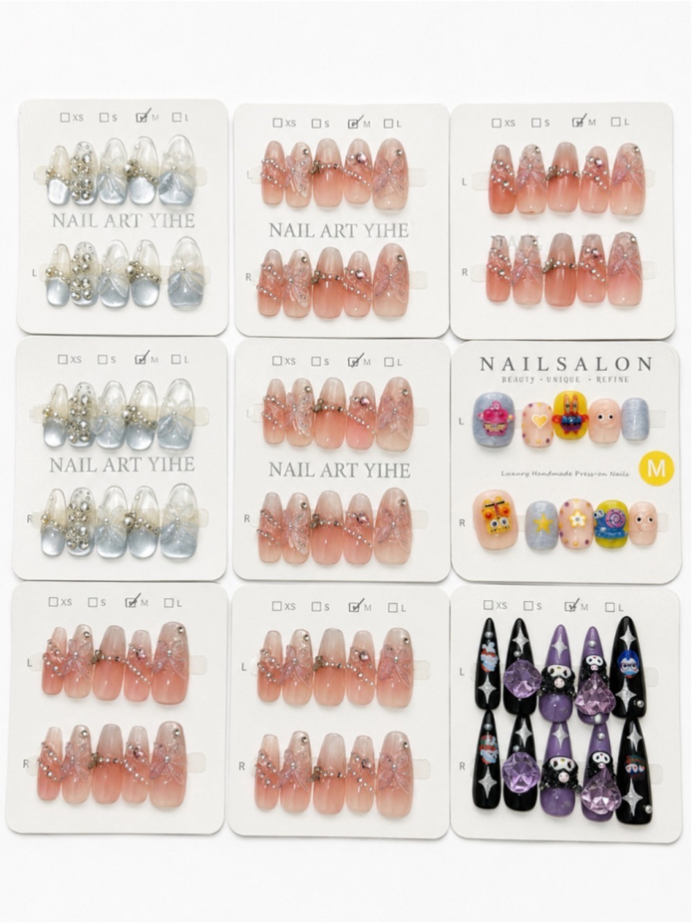 Lot of 8 Handmade Press On Nail Sets 3D Rhinestone Bow Cute Kawaii Mixed Designs